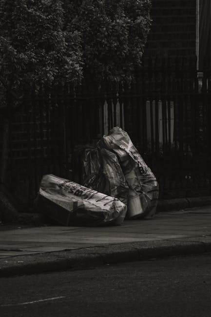 Four large black plastic garbage bags filled with waste material are positioned on a paved sidewalk near a wooden fence and a hedge with dense leafy branches. The bags appear tightly packed and are stacked against the fence, with some leaning slightly. The scene is outdoors, in what seems to be a residential or urban area, with a road running parallel to the sidewalk in the foreground. Ambient lighting suggests an overcast day or low-light conditions, creating a subdued, shadowed atmosphere. The presence of these waste bags indicates an on-site rubbish collection or private waste disposal service, as the bags are not in a typical refuse bin or skip. The environment appears clean apart from the bags, and there is no visible action occurring in the scene. This setup aligns with independent rubbish removal efforts, such as those provided by companies like Rubbish Collection Catford, operating in the local area and offering alternative waste handling solutions from standard council services.